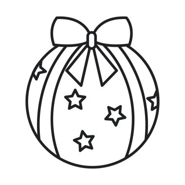 Yıldızlar ve yaylarla süslenmiş küresel bir hediye kutusunun ana hatları. Tatil için mükemmel. Vektör illüstrasyonu.