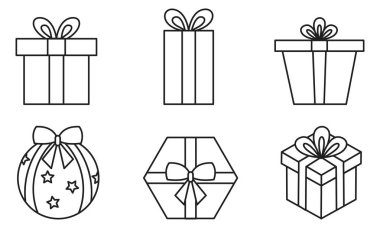 Çeşitli şekil ve stil vektör illüstrasyonlarında altı siyah ana hatlı hediye kutusu çizimi