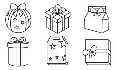 Çeşitli şekil ve stil vektör illüstrasyonlarında altı siyah ana hatlı hediye kutusu çizimi