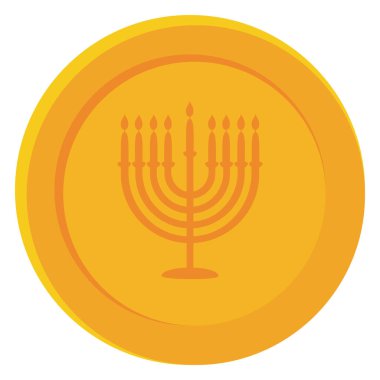 Merkezi sembolik tasarım Vektör illüstrasyonu olan bir menoranın yer aldığı tek bir altın Hanuka sikkesi