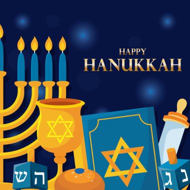 Bir menorah, dreidels, kadeh ve Mutlu Hanuka Metin Vektörü illüstrasyonlu bir kitap.