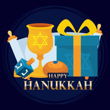 Illustration of a goblet, gift, and traditional Hanukkah symbols with holiday design Vector illustration clipart