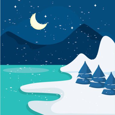 Hilal ay, dağlar ve ağaçlarla dolu karlı bir gecenin tasviri.