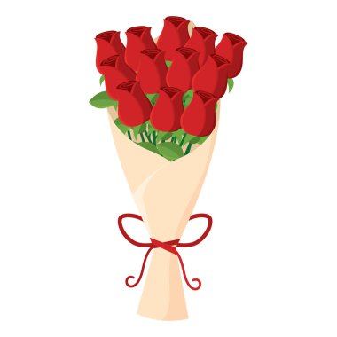 Çiçeklerle süslenmiş güzel bir çiçek buketi ve dekoratif ambalajlı Vektör çizimi