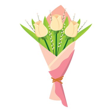 Çiçeklerle süslenmiş güzel bir çiçek buketi ve dekoratif ambalajlı Vektör çizimi