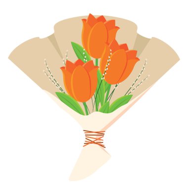 Çiçeklerle süslenmiş güzel bir çiçek buketi ve dekoratif ambalajlı Vektör çizimi
