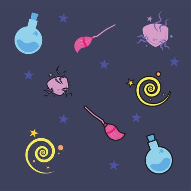 Farklı sihirli simgeler vektör illüstrasyonuna sahip renkli desen arkaplanı