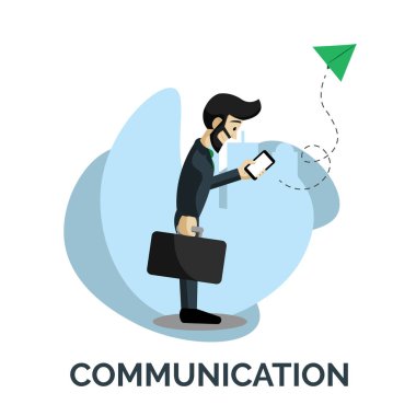 Cep telefonu sosyal medya vektörü illüstrasyonunu kullanan erkek karakter