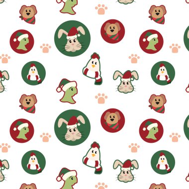 Farklı evcil hayvanlar ve kış kıyafetleri ile model arka planı Vektör illüstrasyonu