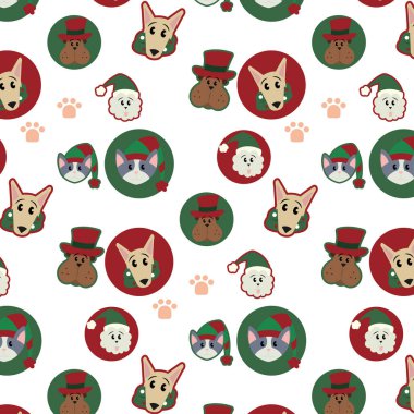 Farklı evcil hayvanlar ve kış kıyafetleri ile model arka planı Vektör illüstrasyonu