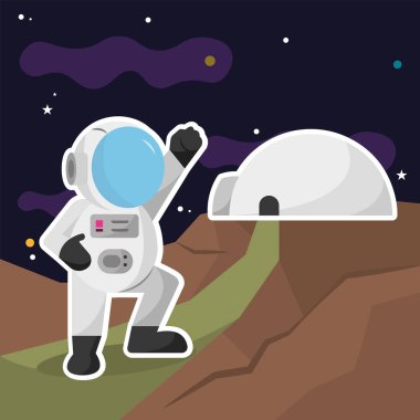 Uzay binası çiziminin yanındaki sevimli astronot karakteri.