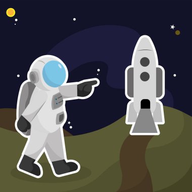 Roket uzay gemisi çiziminin yanında sevimli astronot karakteri