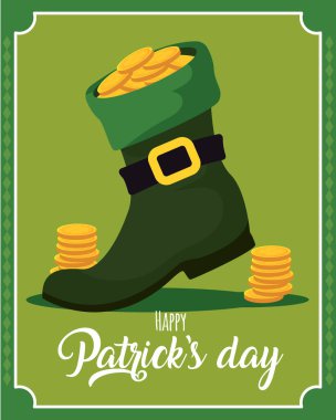 Leprikon çizme dolusu parlak altın sikke. Vektör illüstrasyonu