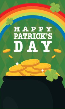 Altın sikkeler siyah tencerede, gökkuşağıyla. Vektör illüstrasyonu