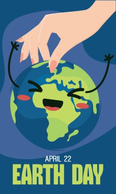 Gülümseyen Dünya Günü çizgi filmi. Elleri Dünya Vektör illüstrasyonunu tutuyor.