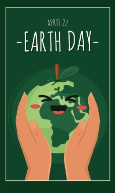 Elleri titreyen, gülümseyen gezegen Vektör illüstrasyonlu Dünya Günü posteri