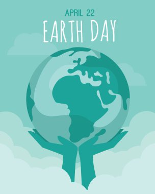 Dünya Günü posteri. Elleri bulutların içinde dünyayı tutuyor. Vektör çizimi.