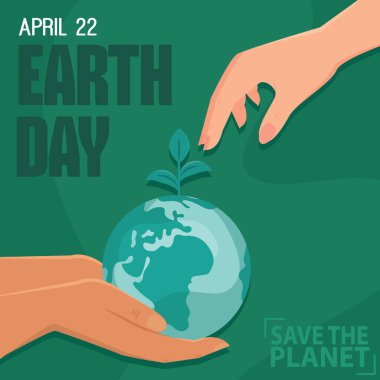 Dünya Günü posteri, elleri ve küresel filiz bitkisi taşıyıcı illüstrasyonu