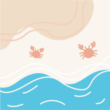 Okyanus dalgalarının yanında kumlu zemin olan yengeçler. Vektör illüstrasyonu