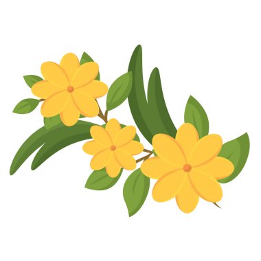 Dekoratif bir bukette yeşil yapraklı üç sarı çiçek tasviri. Vektör illüstrasyonu