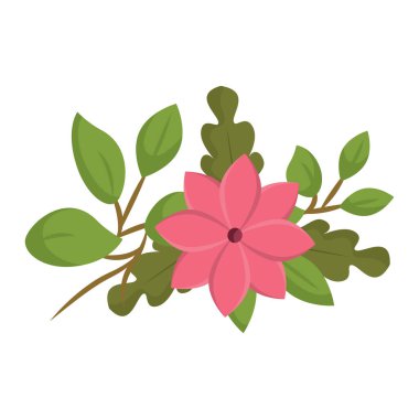 Yeşil ve koyu yapraklı tek bir pembe çiçek dekoratif bir şekilde sıralanmış. Vektör illüstrasyonu