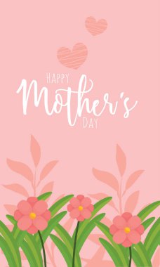 Üzerinde Anneler Günü metni olan pembe kalpler çiçek açıyor. Vektör illüstrasyonu