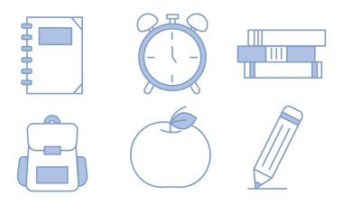 Okulla ilgili simgelerin toplanması. Düz ve çeşitli eğitim objeleriyle özetlenmiş stiller. Vektör illüstrasyonu