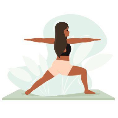 Kolları açık ve ön bacağı bükülmüş yoga savaşçısı duruşu. Vektör illüstrasyonu