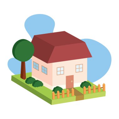 Çitlerle ve ağaçlarla dolu sıcak bir ev. Vektör illüstrasyonu