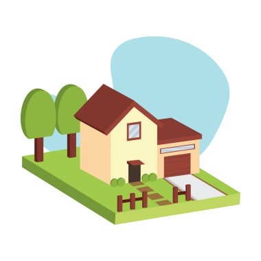 Çitlerle ve ağaçlarla dolu sıcak bir ev. Vektör illüstrasyonu