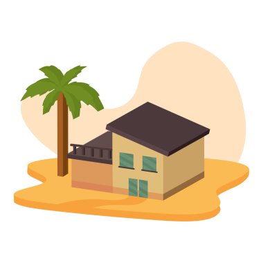 Çitlerle ve ağaçlarla dolu sıcak bir ev. Vektör illüstrasyonu