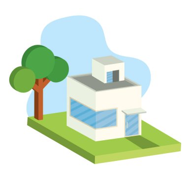 Yeşil bahçeli modern bir ev. Vektör illüstrasyonu