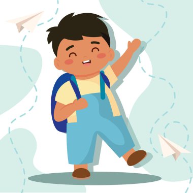 Sırt çantalı çocuk gülümsüyor. Vektör illüstrasyonu