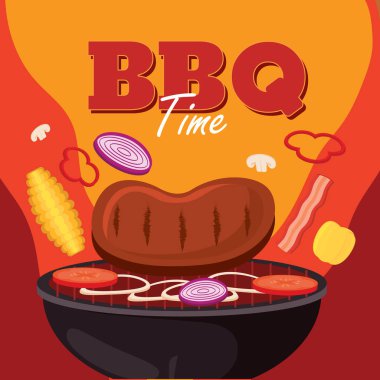 Sebzelerle barbekü zamanı. Vektör illüstrasyonu