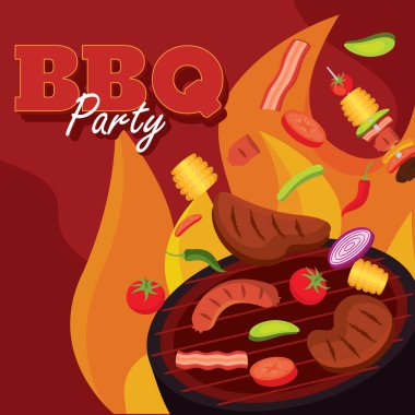 Ateşli barbekü ve yiyecek. Vektör illüstrasyonu