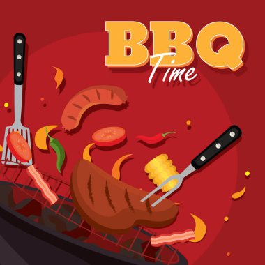 Barbekü ızgara yemekler havada uçuşuyor. Vektör illüstrasyonu