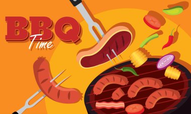 Izgara yemek zamanı, barbekü zamanı. Vektör illüstrasyonu