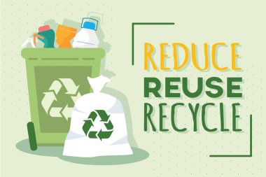 Geri dönüşüm kutusu ve beyaz çanta. Vektör illüstrasyonu