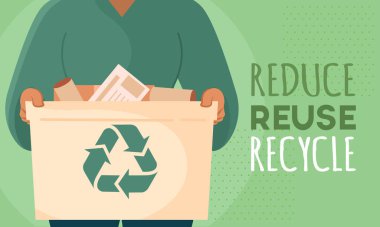 Geri dönüşüm kağıtlarıyla dolu bir kutu. Vektör illüstrasyonu