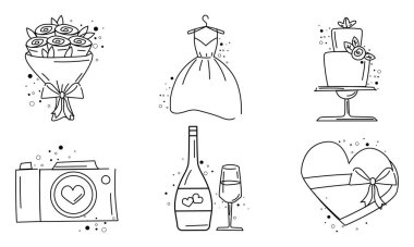 Romantik düğün ikonları. Vektör illüstrasyonu