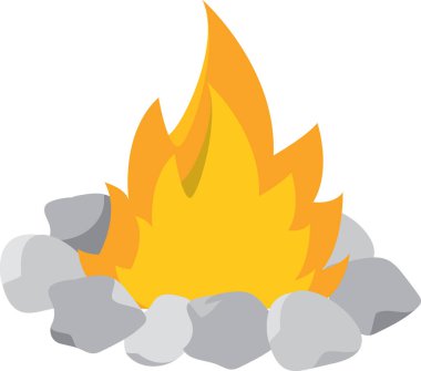 Etrafı kayalarla çevrili kamp ateşi. Vektör illüstrasyonu