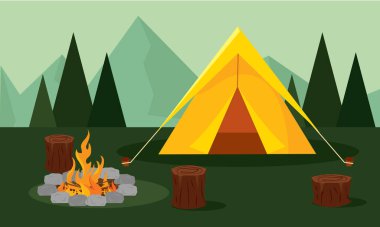 Çadır ve ateş kütükleri. Vektör illüstrasyonu