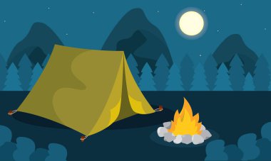 Ay ışığı tepelerinde çadır. Vektör illüstrasyonu