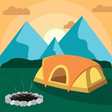 Çadır ve gündoğumu vadisi. Vektör illüstrasyonu