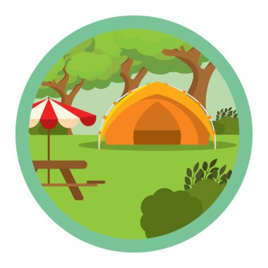 Orman parkında kamp çadırı. Vektör illüstrasyonu