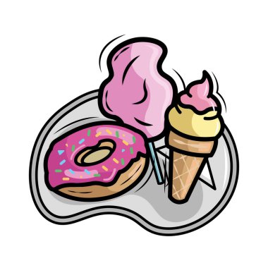 Tepsi çizgi filminde tatlı atıştırmalıklar. Vektör illüstrasyonu