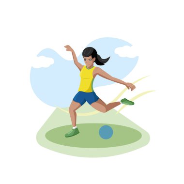 Kız dışarıda futbol oynuyor. Vektör illüstrasyonu