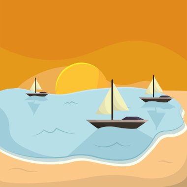Günbatımında yelkenliler. Vektör illüstrasyonu