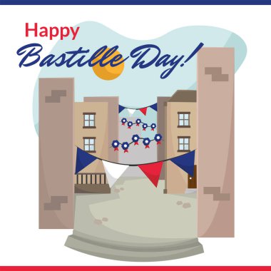 Bastille için dekore edilmiş sokak. Vektör illüstrasyonu