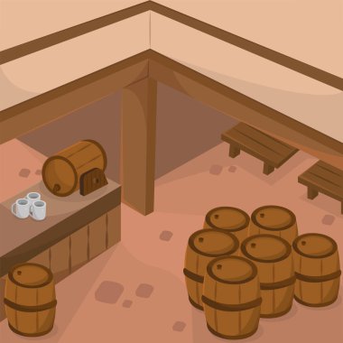 Fıçıları olan ortaçağ tavernası. Vektör illüstrasyonu